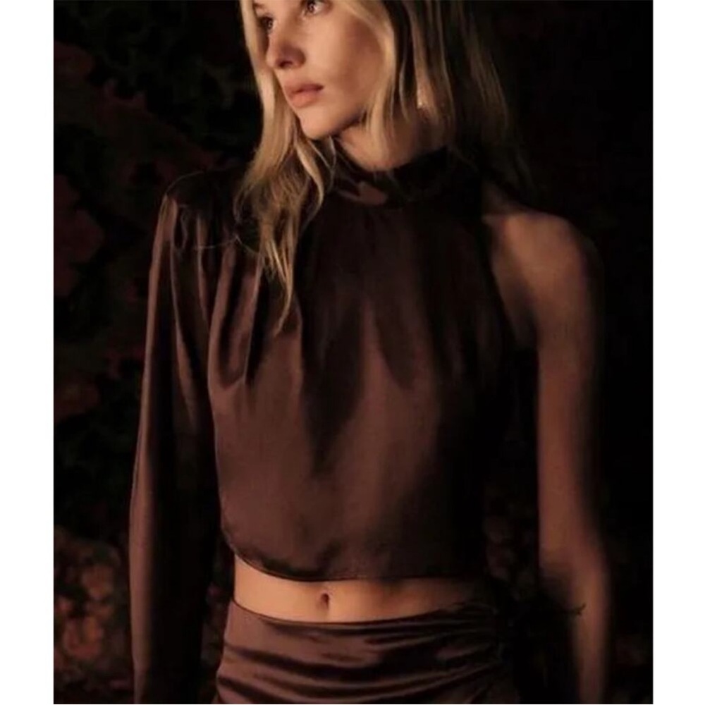 ZARA Brown One Shoulder Asymmetric Satin Effect Top